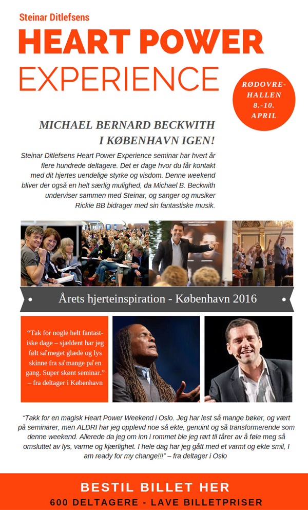 Michael Beckwith gæster Danmark den 8-10 april - og lige nu kan du komme med alle 3 dage til KUN kr. 695,- hvis du klikker på billedet