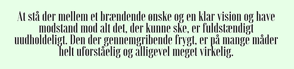 At stå der mellem et brændende ønske og en klar vision og have modstand mod alt det, der kunne ske, er fuldstændigt uudholdeligt. Den der gennemgribende frygt, er på mange måder helt uforståelig og alligevel meget virkelig.